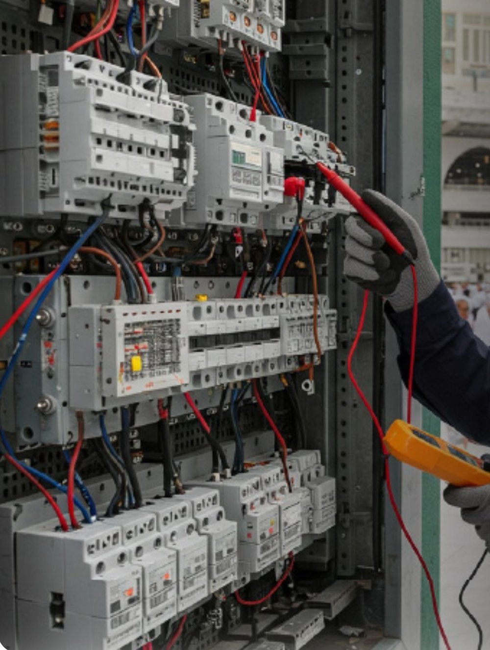 Electrician testing a distribution board with a multimeter