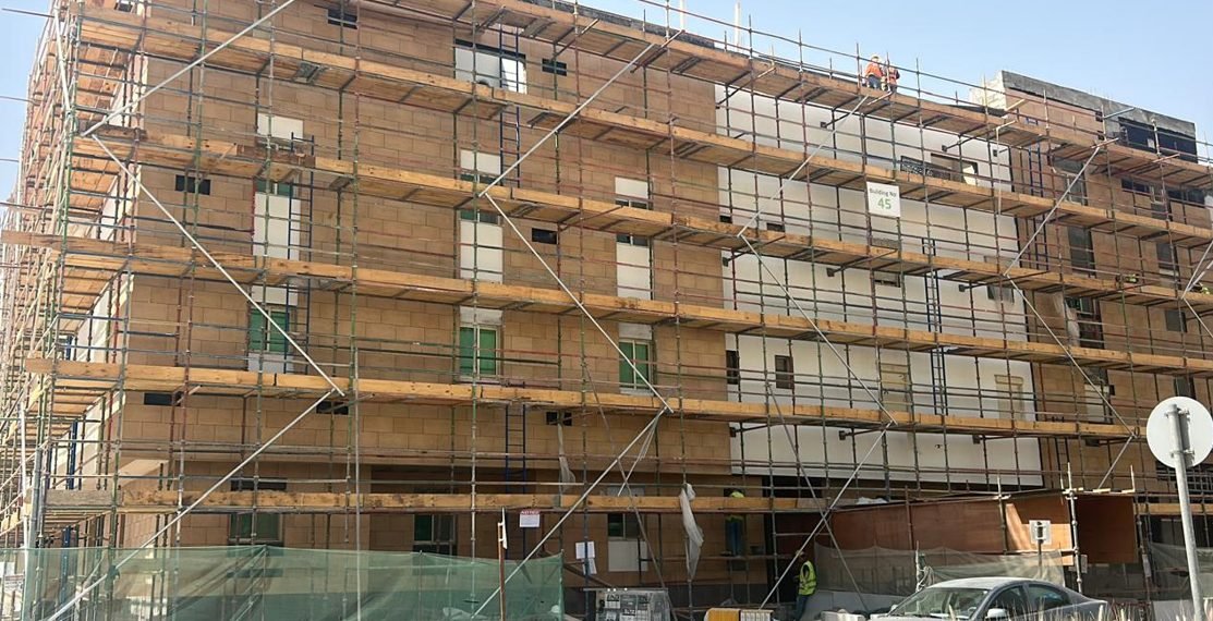 Building facade under scaffolding