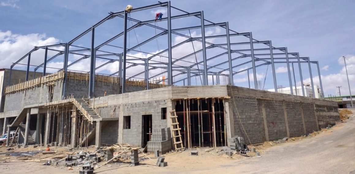 Steel-frame warehouse under construction